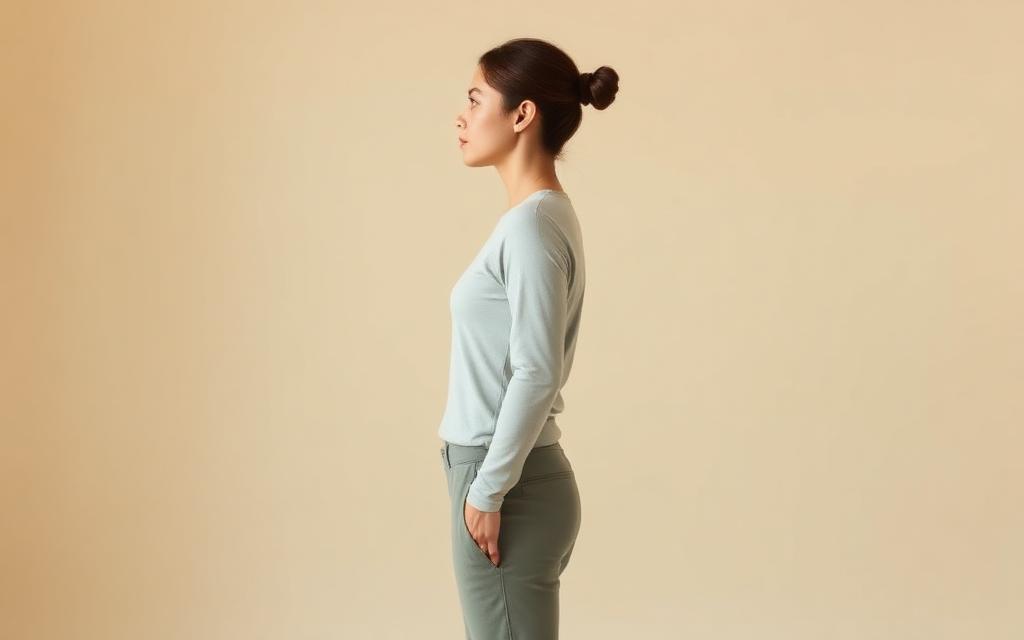 A person standing in profile showing a tall, balanced, well-aligned posture