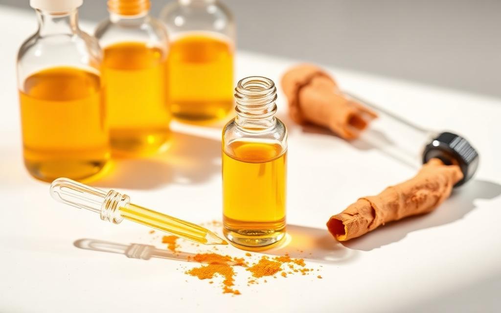 Golden turmeric extract in laboratory glassware and droppers beside fresh turmeric root